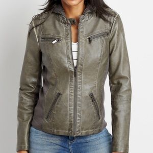 Faux Leather Jacket with Hood